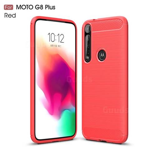 Luxury Carbon Fiber Brushed Wire Drawing Silicone TPU Back Cover for Motorola Moto G8 Plus - Red
