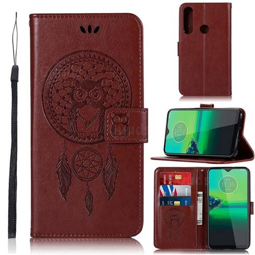 Intricate Embossing Owl Campanula Leather Wallet Case for Motorola Moto G8 Plus - Brown