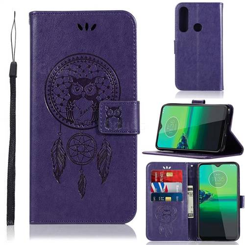 Intricate Embossing Owl Campanula Leather Wallet Case for Motorola Moto G8 Plus - Purple