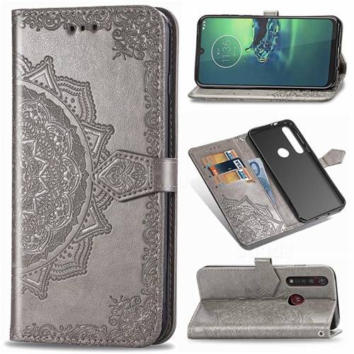 Embossing Imprint Mandala Flower Leather Wallet Case for Motorola Moto G8 Plus - Gray