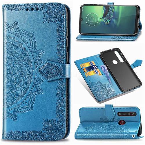 Embossing Imprint Mandala Flower Leather Wallet Case for Motorola Moto G8 Plus - Blue