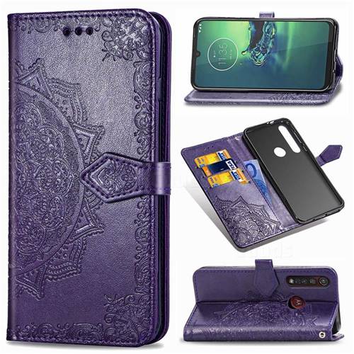 Embossing Imprint Mandala Flower Leather Wallet Case for Motorola Moto G8 Plus - Purple