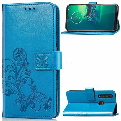 Embossing Imprint Four-Leaf Clover Leather Wallet Case for Motorola Moto G8 Plus - Blue