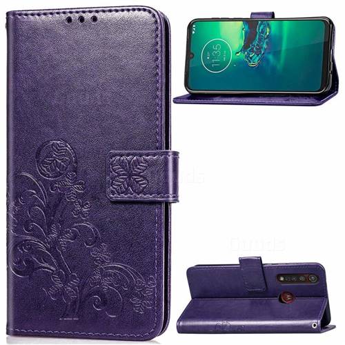 Embossing Imprint Four-Leaf Clover Leather Wallet Case for Motorola Moto G8 Plus - Purple