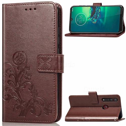 Embossing Imprint Four-Leaf Clover Leather Wallet Case for Motorola Moto G8 Plus - Brown