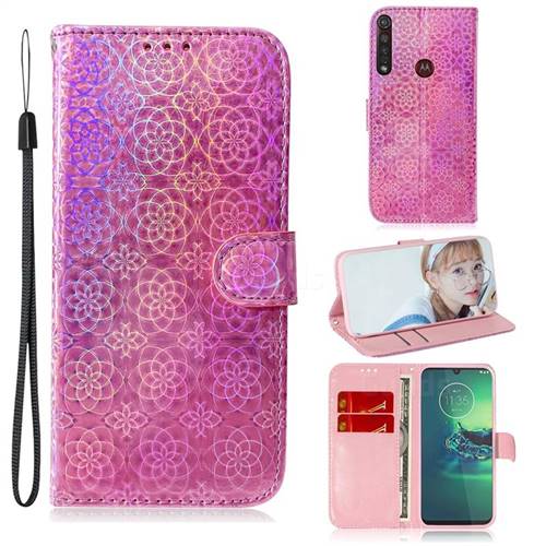 Laser Circle Shining Leather Wallet Phone Case for Motorola Moto G8 Plus - Pink