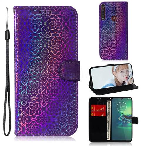Laser Circle Shining Leather Wallet Phone Case for Motorola Moto G8 Plus - Purple