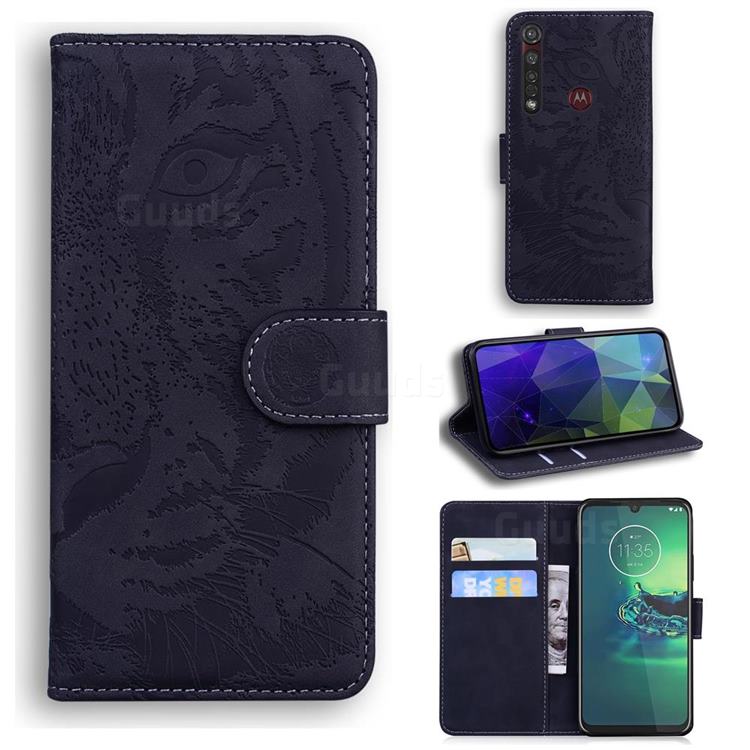 Intricate Embossing Tiger Face Leather Wallet Case for Motorola Moto G8 Plus - Black