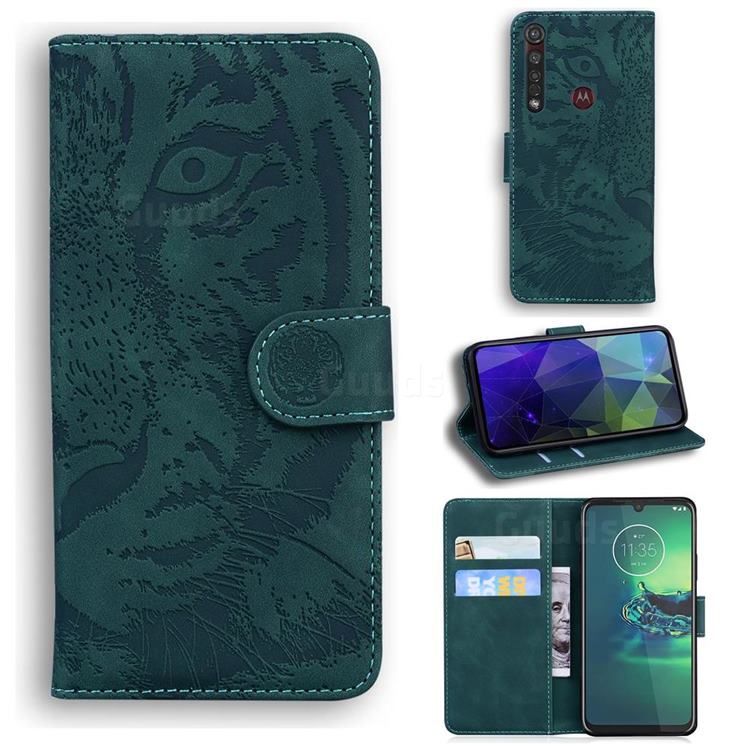 Intricate Embossing Tiger Face Leather Wallet Case for Motorola Moto G8 Plus - Green