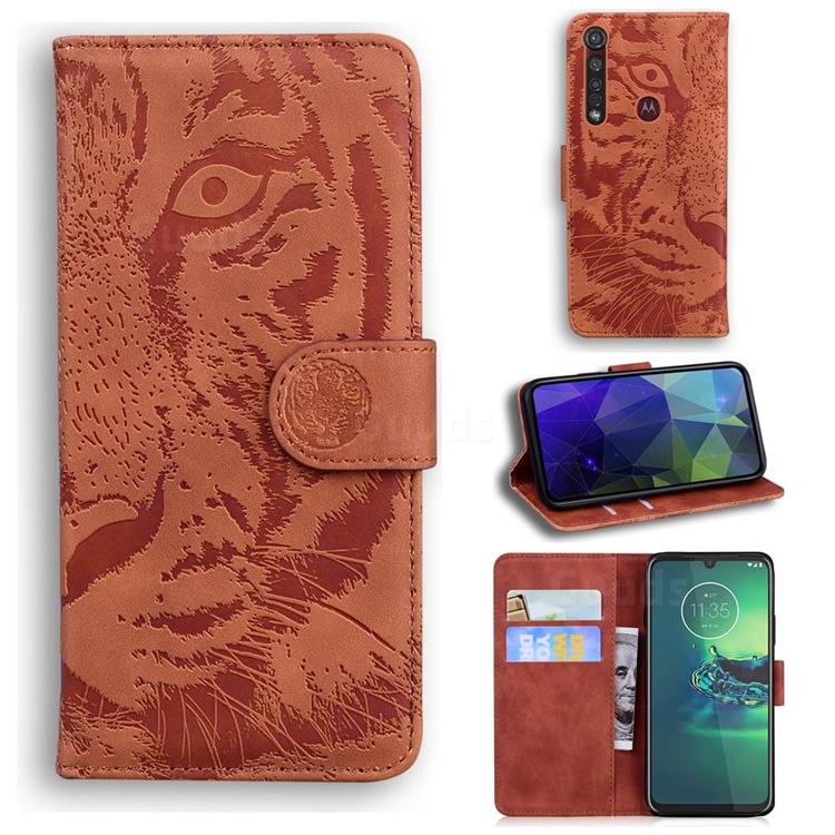 Intricate Embossing Tiger Face Leather Wallet Case for Motorola Moto G8 Plus - Brown