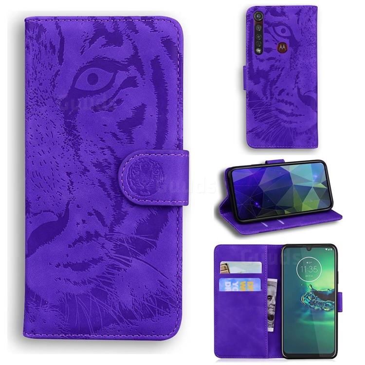 Intricate Embossing Tiger Face Leather Wallet Case for Motorola Moto G8 Plus - Purple