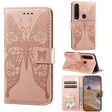 Intricate Embossing Rose Flower Butterfly Leather Wallet Case for Motorola Moto G8 Plus - Rose Gold
