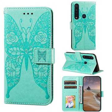 Intricate Embossing Rose Flower Butterfly Leather Wallet Case for Motorola Moto G8 Plus - Green