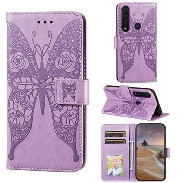 Intricate Embossing Rose Flower Butterfly Leather Wallet Case for Motorola Moto G8 Plus - Purple