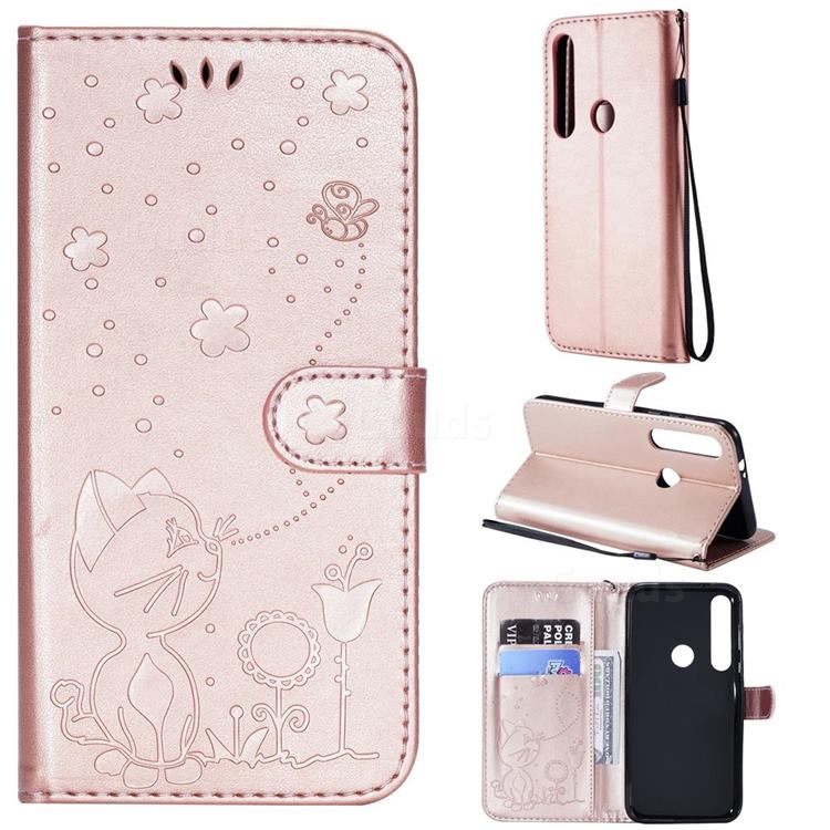 Embossing Bee and Cat Leather Wallet Case for Motorola Moto G8 Plus - Rose Gold