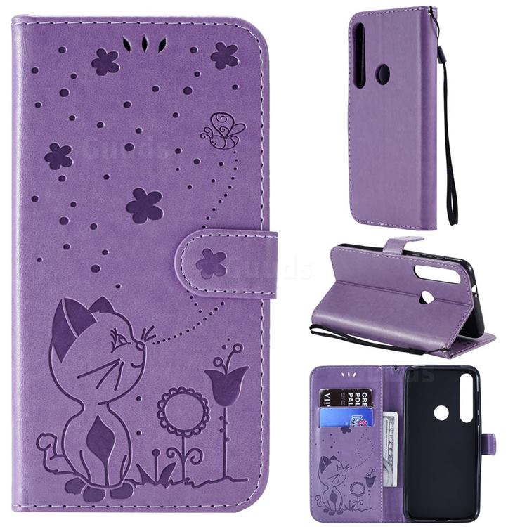Embossing Bee and Cat Leather Wallet Case for Motorola Moto G8 Plus - Purple