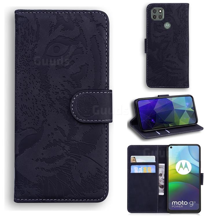 Intricate Embossing Tiger Face Leather Wallet Case for Motorola Moto G9 Power - Black