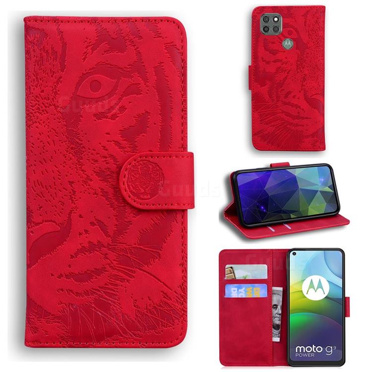 Intricate Embossing Tiger Face Leather Wallet Case for Motorola Moto G9 Power - Red