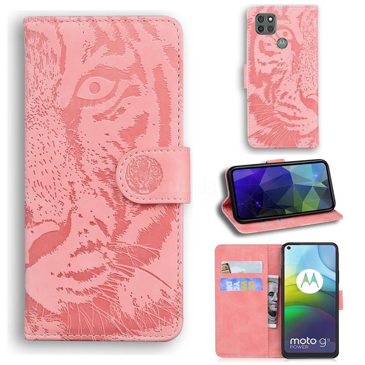Intricate Embossing Tiger Face Leather Wallet Case for Motorola Moto G9 Power - Pink
