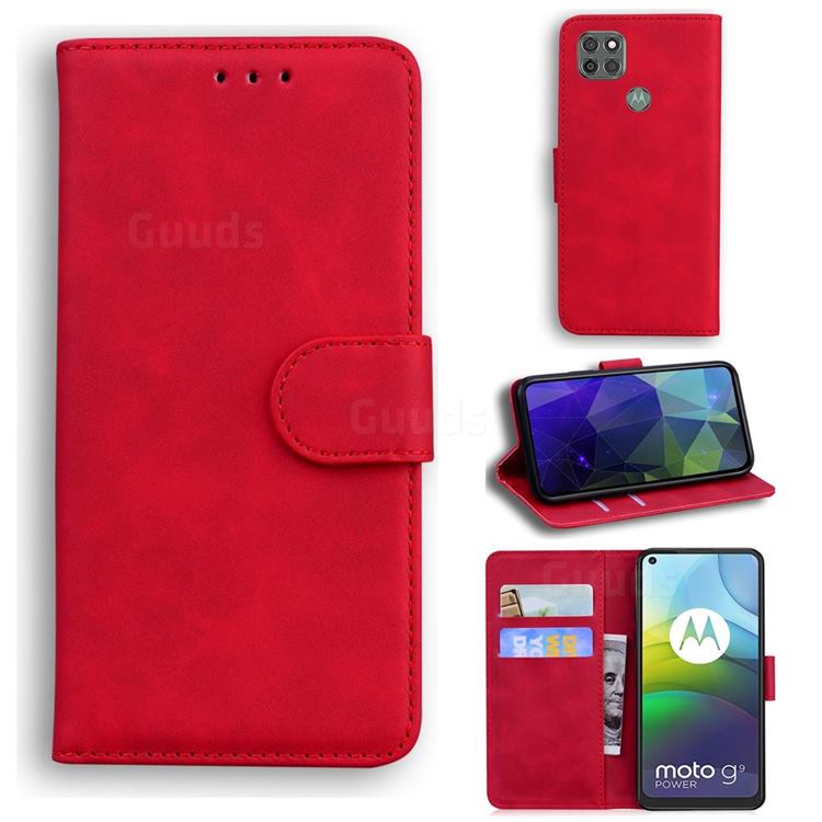 Retro Classic Skin Feel Leather Wallet Phone Case for Motorola Moto G9 Power - Red