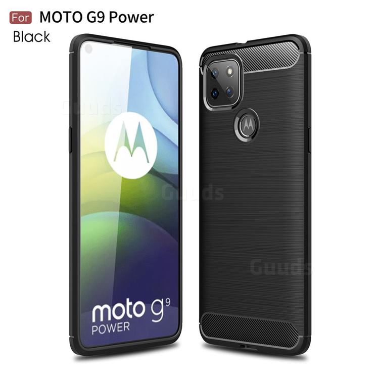Luxury Carbon Fiber Brushed Wire Drawing Silicone TPU Back Cover for Motorola Moto G9 Power - Black