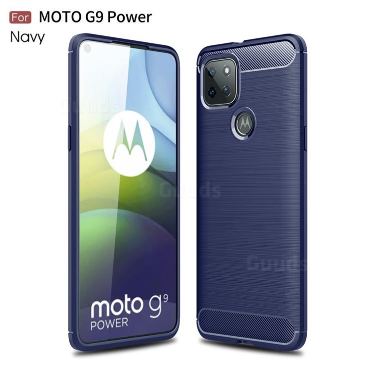 Luxury Carbon Fiber Brushed Wire Drawing Silicone TPU Back Cover for Motorola Moto G9 Power - Navy