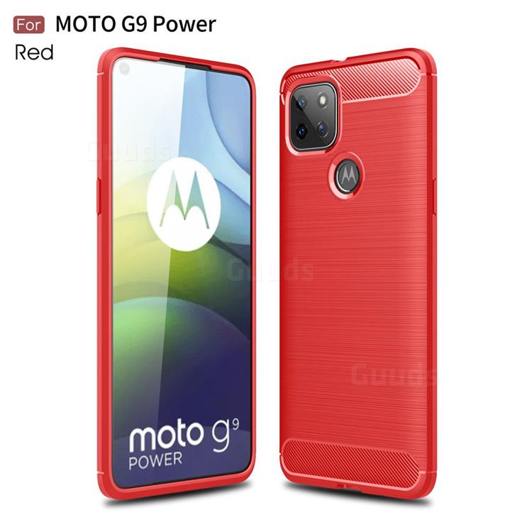 Luxury Carbon Fiber Brushed Wire Drawing Silicone TPU Back Cover for Motorola Moto G9 Power - Red