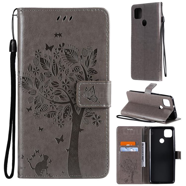 Embossing Butterfly Tree Leather Wallet Case for Motorola Moto G9 Power - Grey