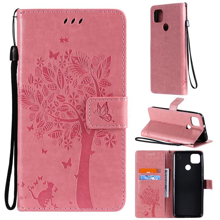 Embossing Butterfly Tree Leather Wallet Case for Motorola Moto G9 Power - Pink