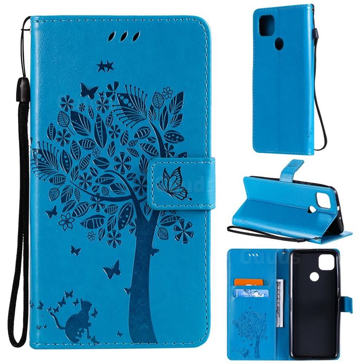 Embossing Butterfly Tree Leather Wallet Case for Motorola Moto G9 Power - Blue