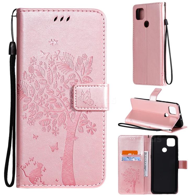 Embossing Butterfly Tree Leather Wallet Case for Motorola Moto G9 Power - Rose Pink