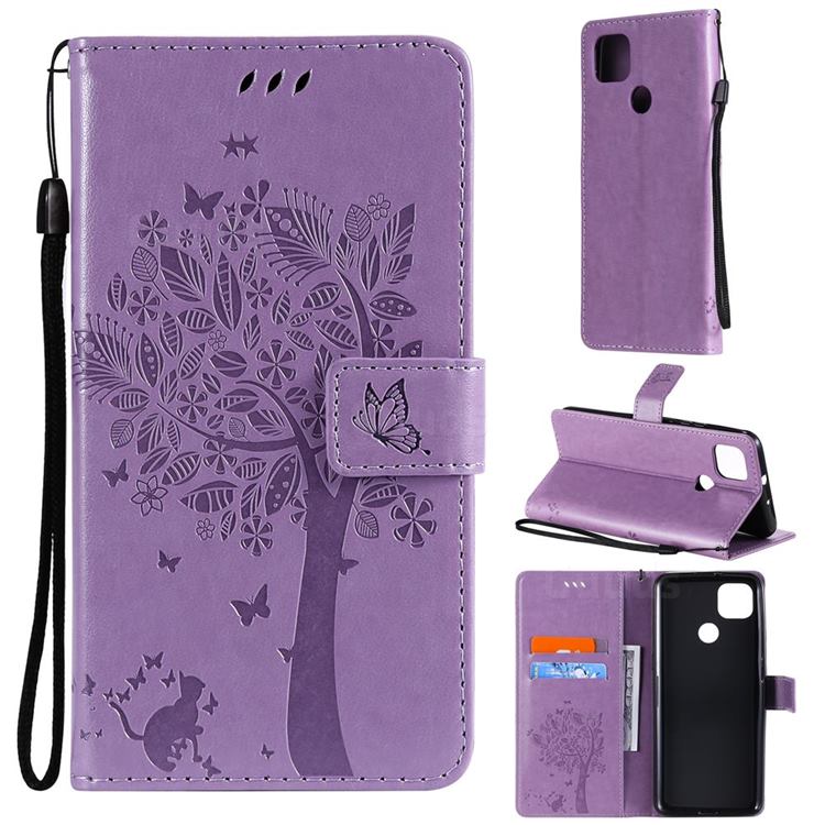 Embossing Butterfly Tree Leather Wallet Case for Motorola Moto G9 Power - Violet