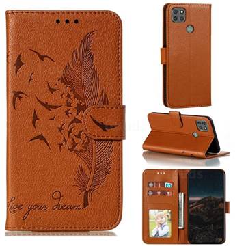 Intricate Embossing Lychee Feather Bird Leather Wallet Case for Motorola Moto G9 Power - Brown