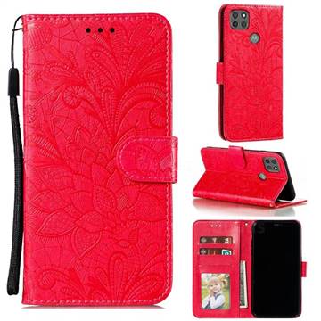 Intricate Embossing Lace Jasmine Flower Leather Wallet Case for Motorola Moto G9 Power - Red