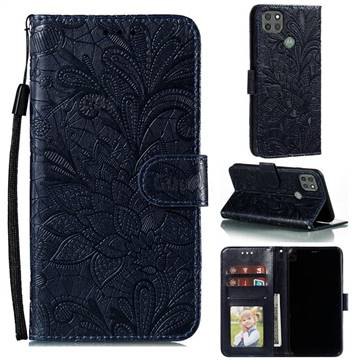 Intricate Embossing Lace Jasmine Flower Leather Wallet Case for Motorola Moto G9 Power - Dark Blue
