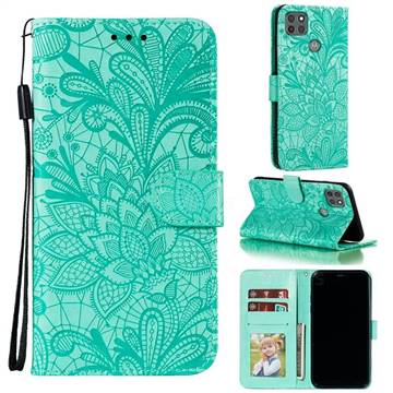 Intricate Embossing Lace Jasmine Flower Leather Wallet Case for Motorola Moto G9 Power - Green