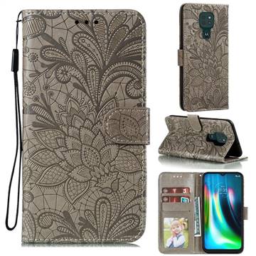 Intricate Embossing Lace Jasmine Flower Leather Wallet Case for Motorola Moto G9 Play - Gray