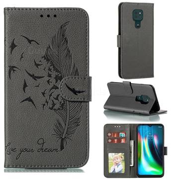Intricate Embossing Lychee Feather Bird Leather Wallet Case for Motorola Moto G9 Play - Gray