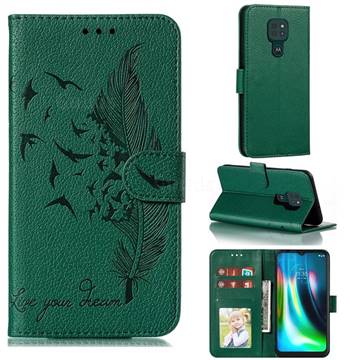 Intricate Embossing Lychee Feather Bird Leather Wallet Case for Motorola Moto G9 Play - Green