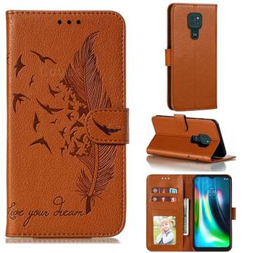 Intricate Embossing Lychee Feather Bird Leather Wallet Case for Motorola Moto G9 Play - Brown