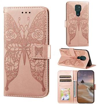 Intricate Embossing Rose Flower Butterfly Leather Wallet Case for Motorola Moto G9 Play - Rose Gold