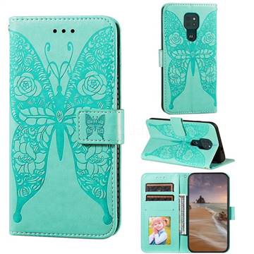 Intricate Embossing Rose Flower Butterfly Leather Wallet Case for Motorola Moto G9 Play - Green
