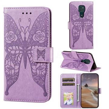 Intricate Embossing Rose Flower Butterfly Leather Wallet Case for Motorola Moto G9 Play - Purple