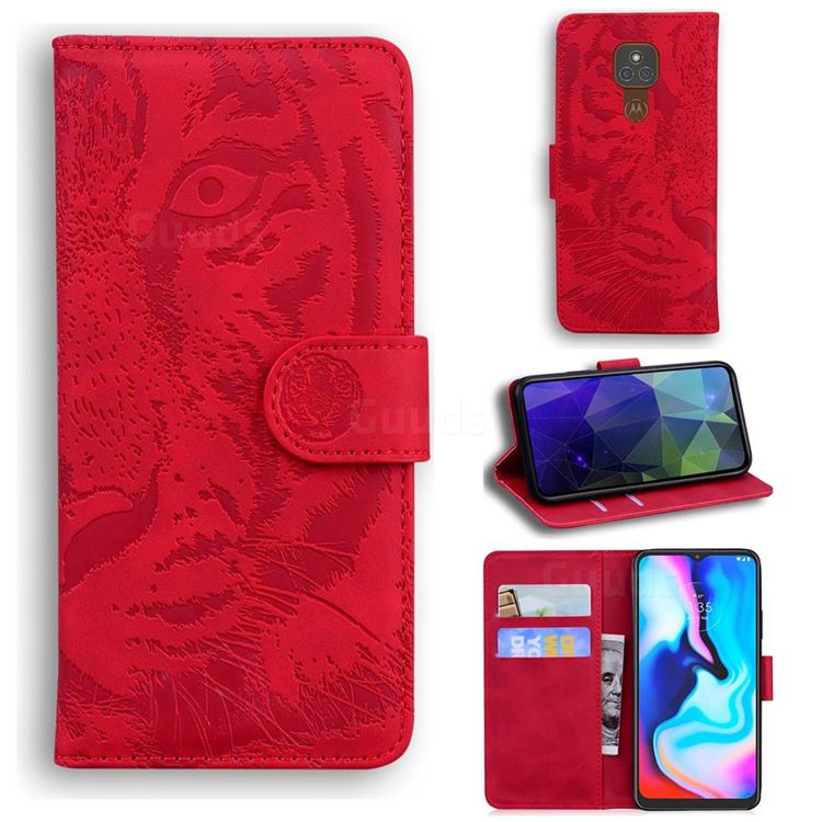 Intricate Embossing Tiger Face Leather Wallet Case for Motorola Moto G9 Play - Red