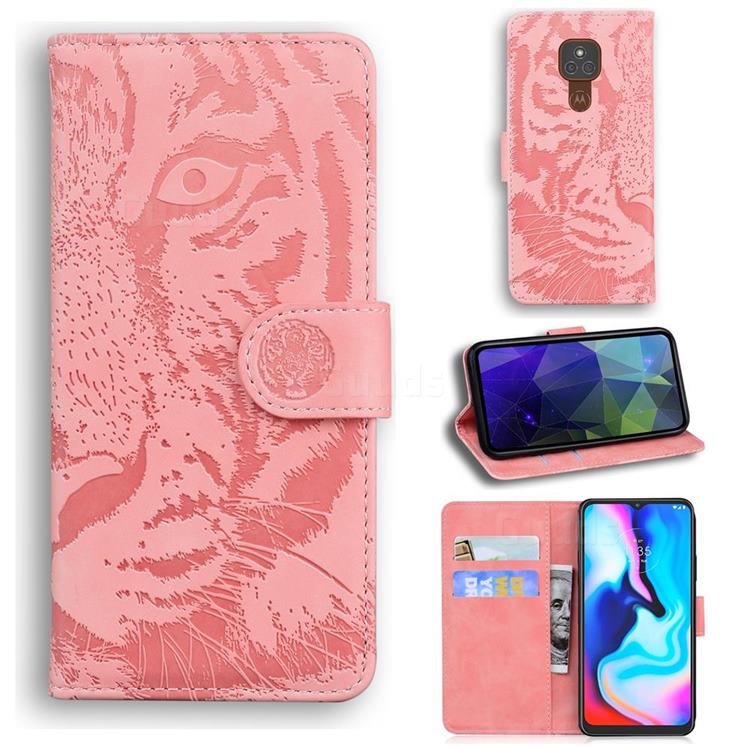 Intricate Embossing Tiger Face Leather Wallet Case for Motorola Moto G9 Play - Pink