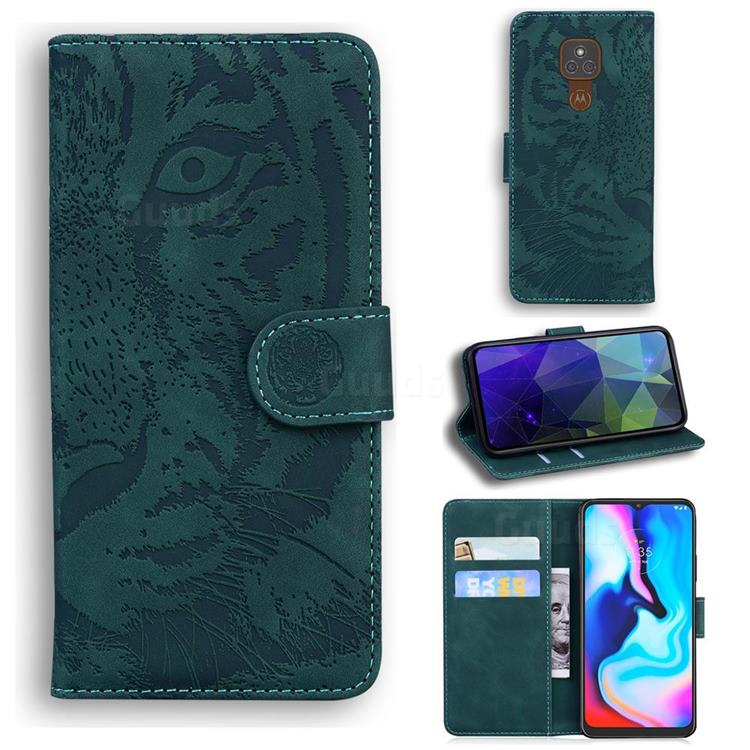 Intricate Embossing Tiger Face Leather Wallet Case for Motorola Moto G9 Play - Green