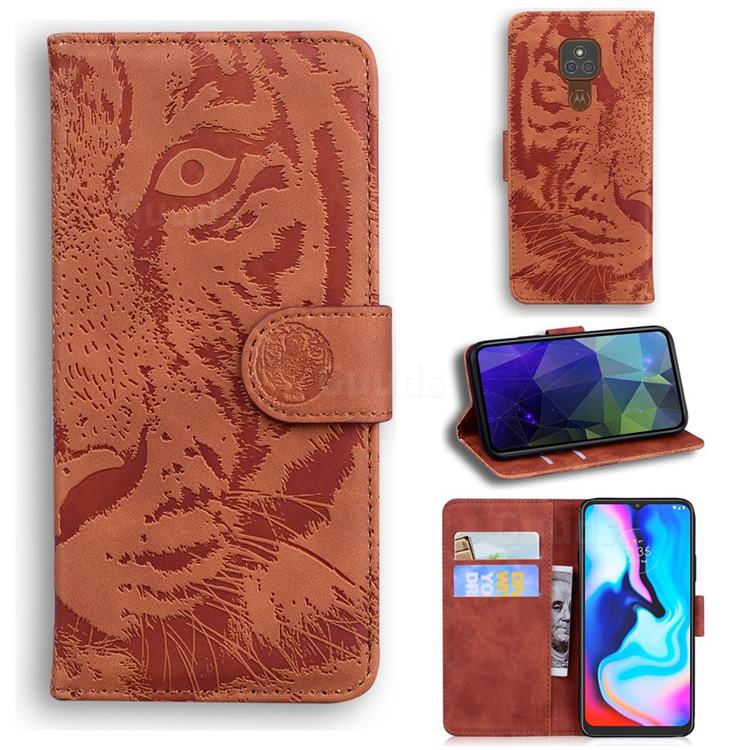 Intricate Embossing Tiger Face Leather Wallet Case for Motorola Moto G9 Play - Brown