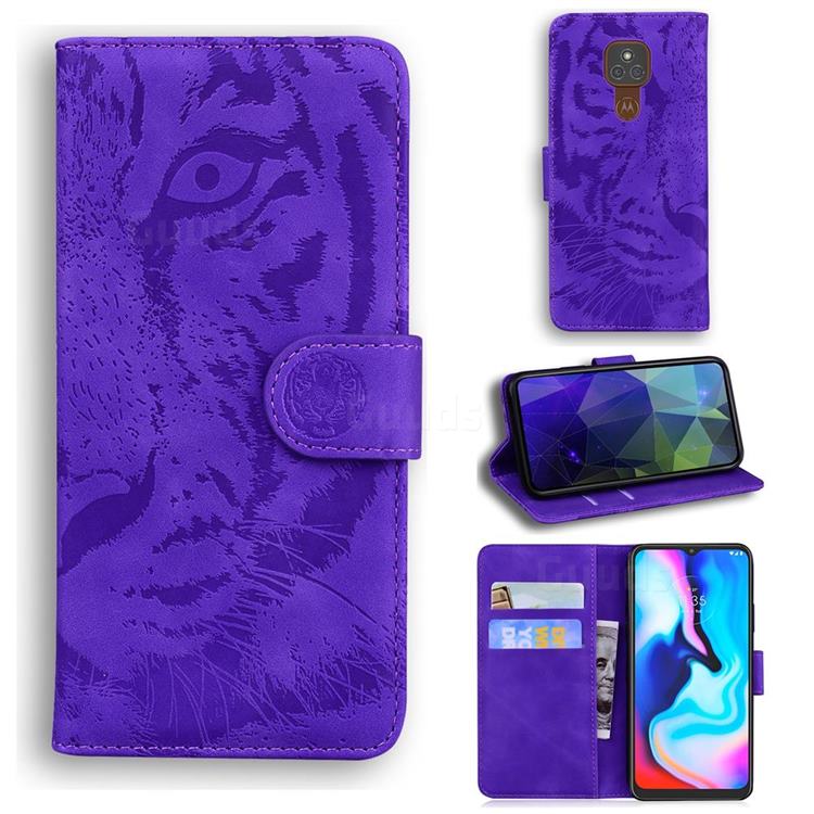 Intricate Embossing Tiger Face Leather Wallet Case for Motorola Moto G9 Play - Purple