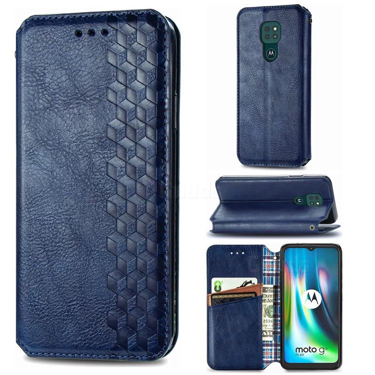 Ultra Slim Fashion Business Card Magnetic Automatic Suction Leather Flip Cover for Motorola Moto G9 Play - Dark Blue