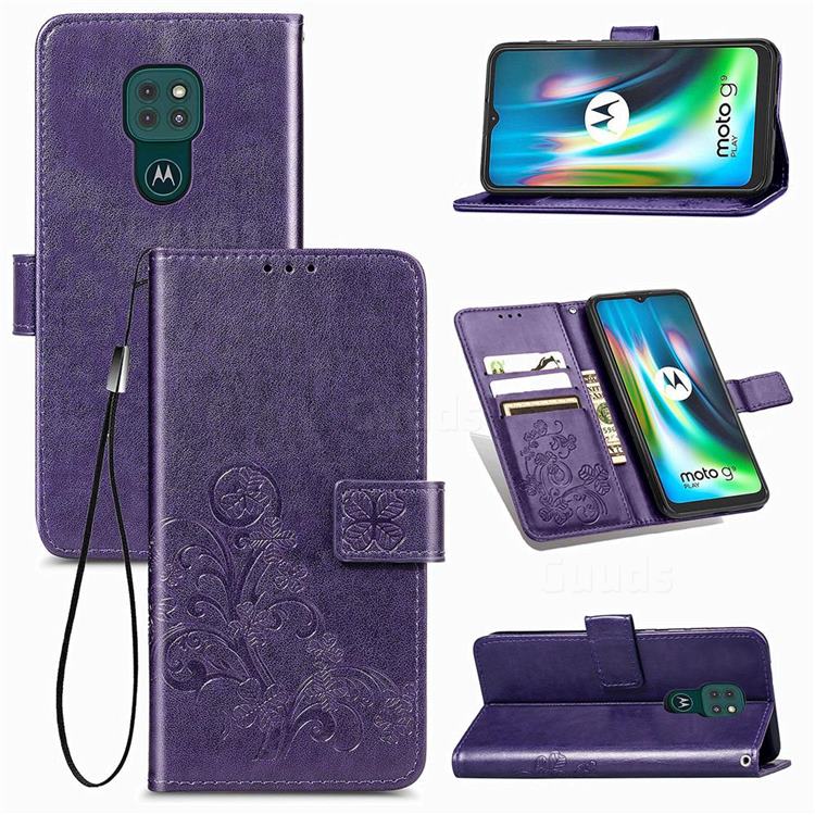 Embossing Imprint Four-Leaf Clover Leather Wallet Case for Motorola Moto G9 Play - Purple